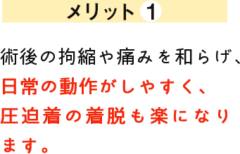 メリット1 術後の拘縮や痛みを和らげ、日常の動作がしやすく、圧迫着の着脱も楽になります。