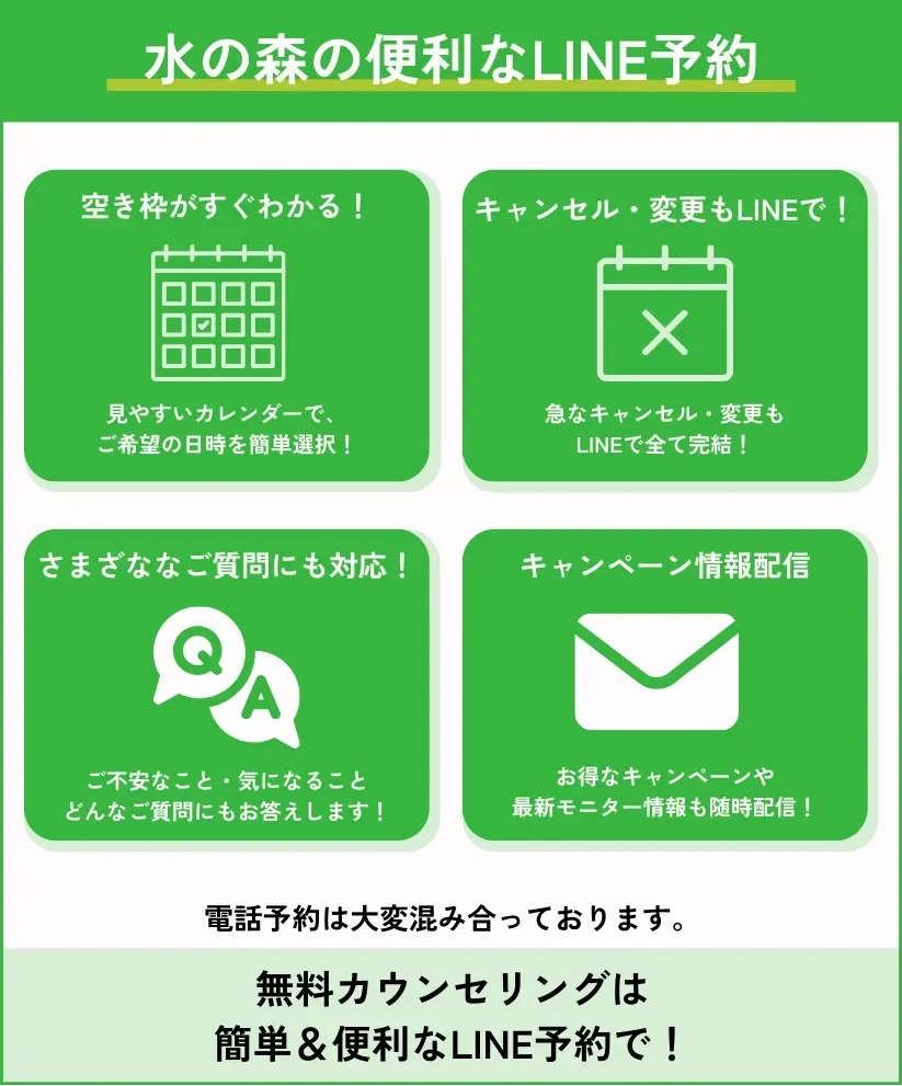 水の森の便利なLINE予約 空き枠がすぐわかる！ キャンセル・変更もLINEで！ さまざまなご質問にも対応！ キャンペーン情報配信